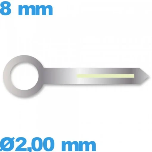 Aiguille argenté seule  Ø2,00 mm longueur : 8mm cadran principal (heure) pour mouvement  lumineuse nuit