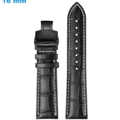 Bracelet 16 mm Cuir véritable pour montre Noir fermoir Papillon
