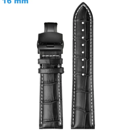 Bracelet 16 mm Cuir véritable pour montre Noir fermoir Papillon