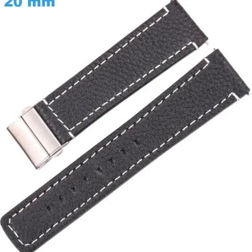 Bracelet 20 mm Cuir véritable montre Noir boucle Déployant