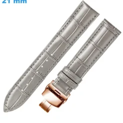 Bracelet 21 mm Cuir véritable pour montre Gris fermoir Papillon