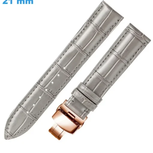 Bracelet 21 mm Cuir véritable pour montre Gris fermoir Papillon