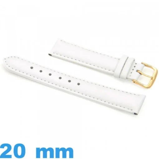Bracelet 20 mm pour montre blanc Cuir véritable de veau lisse