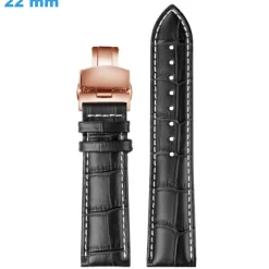 Bracelet boucle Papillon 22 mm Cuir véritable Noir montre