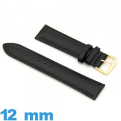 Bracelet Cuir véritable de veau lisse  noir de montre 12 mm