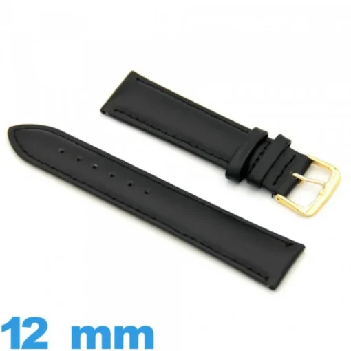 Bracelet Cuir véritable de veau lisse  noir de montre 12 mm