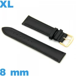 Bracelet de montre gros poignet noir Cuir véritable de veau lisse  8mm