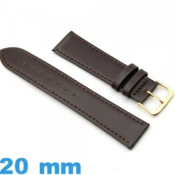 Bracelet Faux cuir Plat 20 mm Marron foncé pour montre Lisse