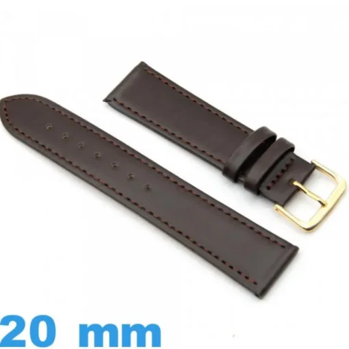 Bracelet Faux cuir Plat 20 mm Marron foncé pour montre Lisse