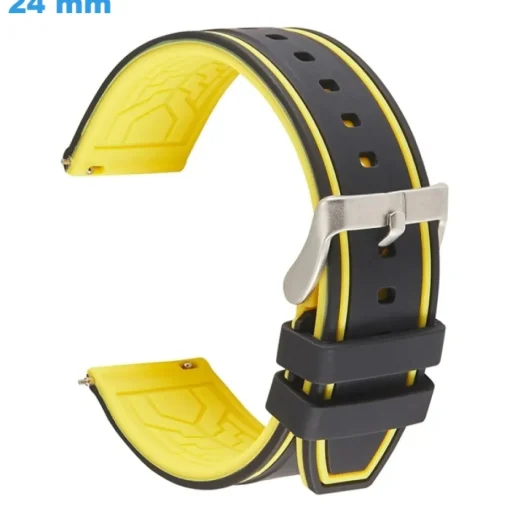 Bracelet fermoir Ardillon 24 mm Silicone Noir et Jaune pour montre