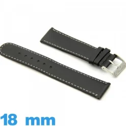 Bracelet montre  Noir cuir véritable 18 mm Grain Lisse