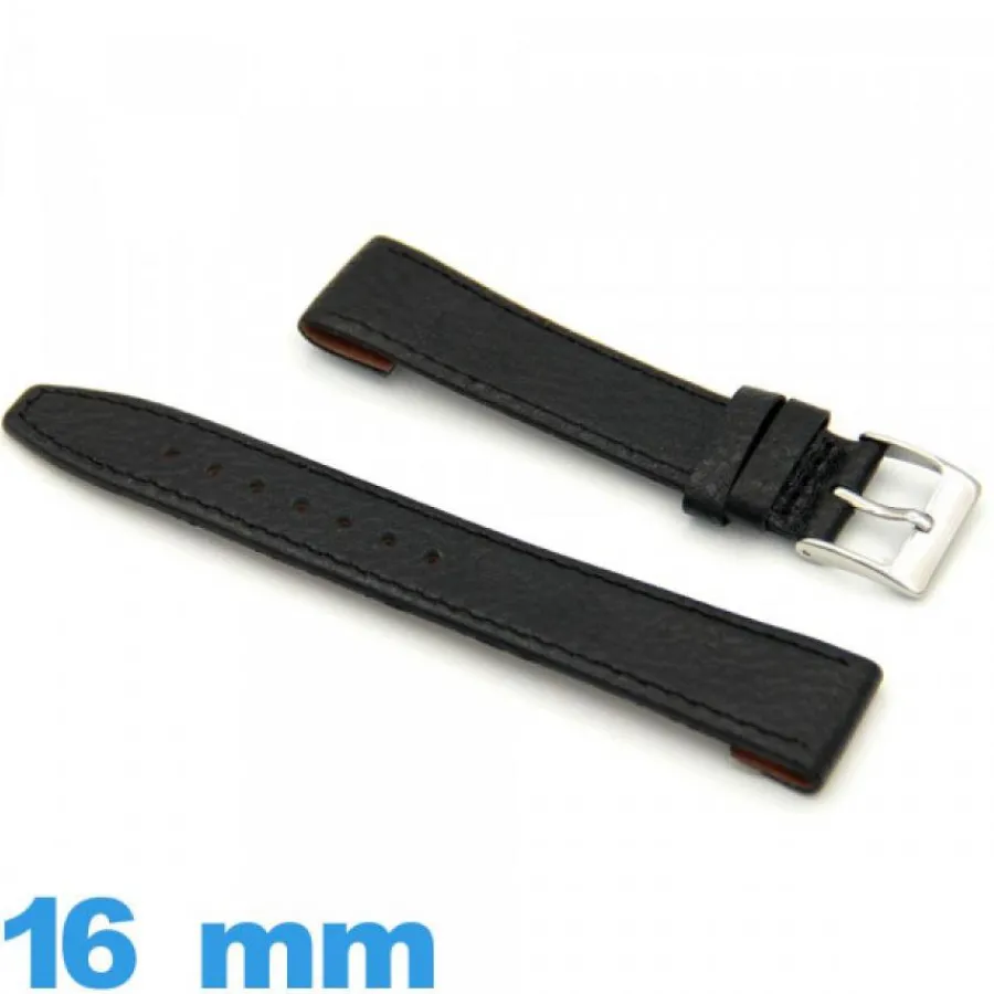 Bracelet montre Noir Cuir 16 mm Grain Buffle