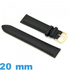 Bracelet pour montre 20 mm noir Cuir véritable de veau lisse