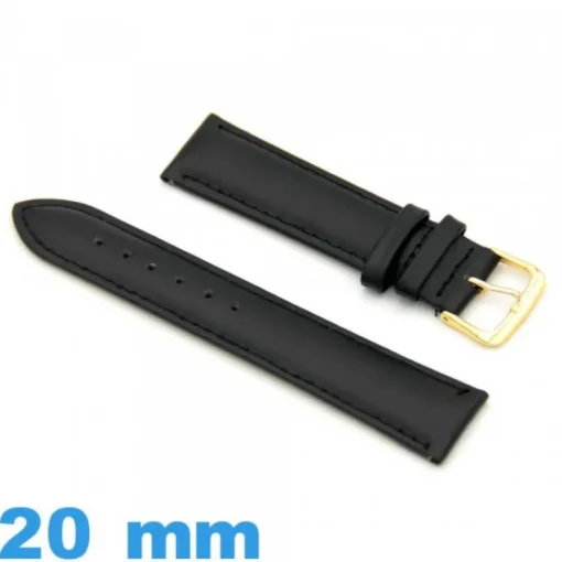 Bracelet pour montre 20 mm noir Cuir véritable de veau lisse