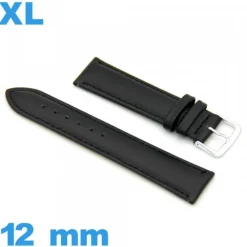Bracelet XL Cuir véritable de veau lisse  noir 12mm de montre