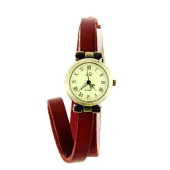 Femme Montre bracelet long en cuir rouge style vintage chiffre romain