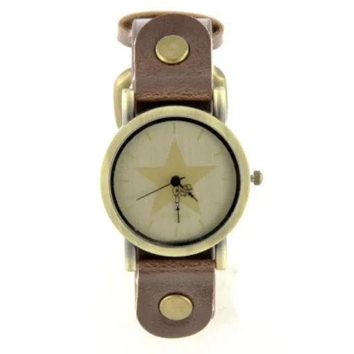 Femme Montre en cuir brun vintage boîtier doré motif étoile