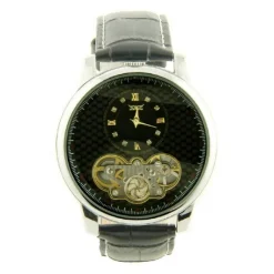 Homme Montre homme automatique noir squelette mécanique doré argenté