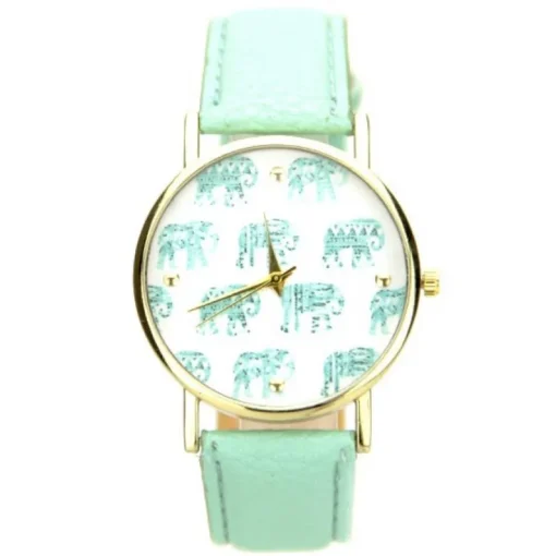 Femme montre éléphant femme pas chère bracelet cuir PU vert