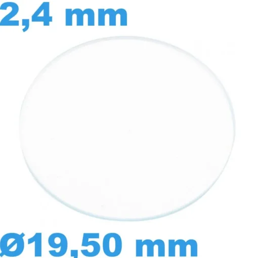 Verre 19,5 mm de montre Saphir Plat Circulaire épaisseur 2,4 mm inrayable