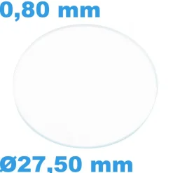 Verre 27,50 mm de montre Saphir Plat Rond épaisseur 0,80 mm résistant aux rayures