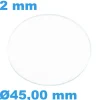 Verre pour montre 45 mm Saphir Plat Rond épaisseur 2 mm résistant aux rayures
