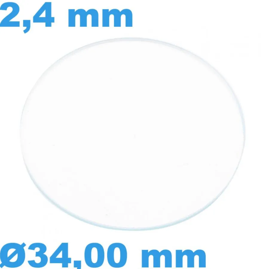 Verre Saphir 34 mm pour montre Rond Plat épaisseur 2,4 mm inrayable