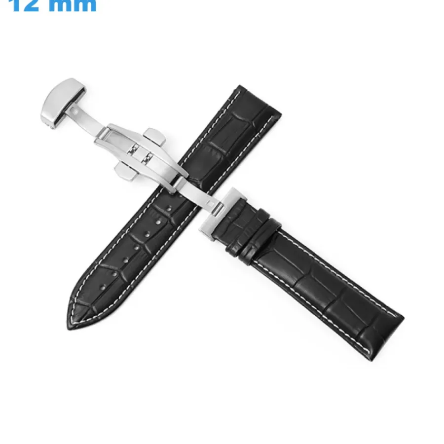 Bracelet Cuir Pour Montre-Bracelet 12 mm Cuir véritable fermoir Papillon de montre Noir