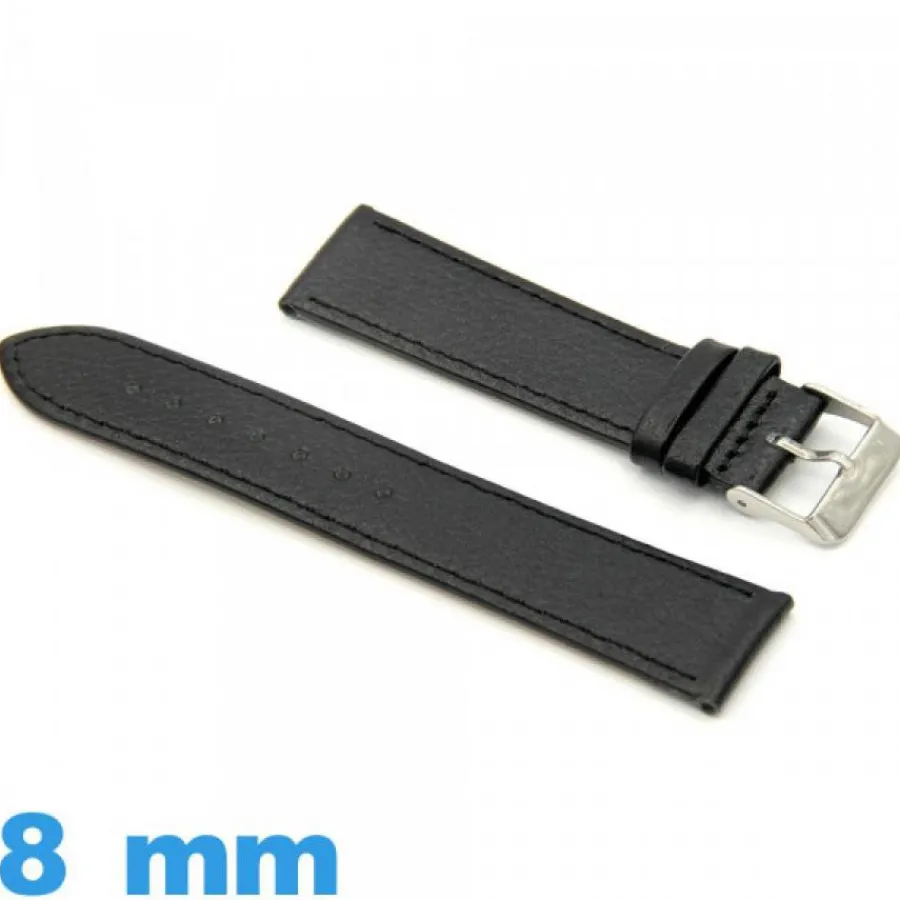Bracelet Cuir Pour Montre-Bracelet 8 mm montre Noir cuir véritable Plat Lisse