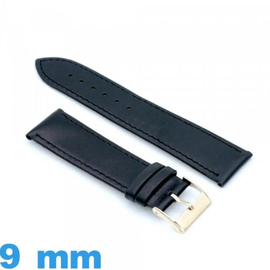 Bracelet Cuir Pour Montre-Bracelet 9 mm pour montre noir Cuir véritable de veau lisse