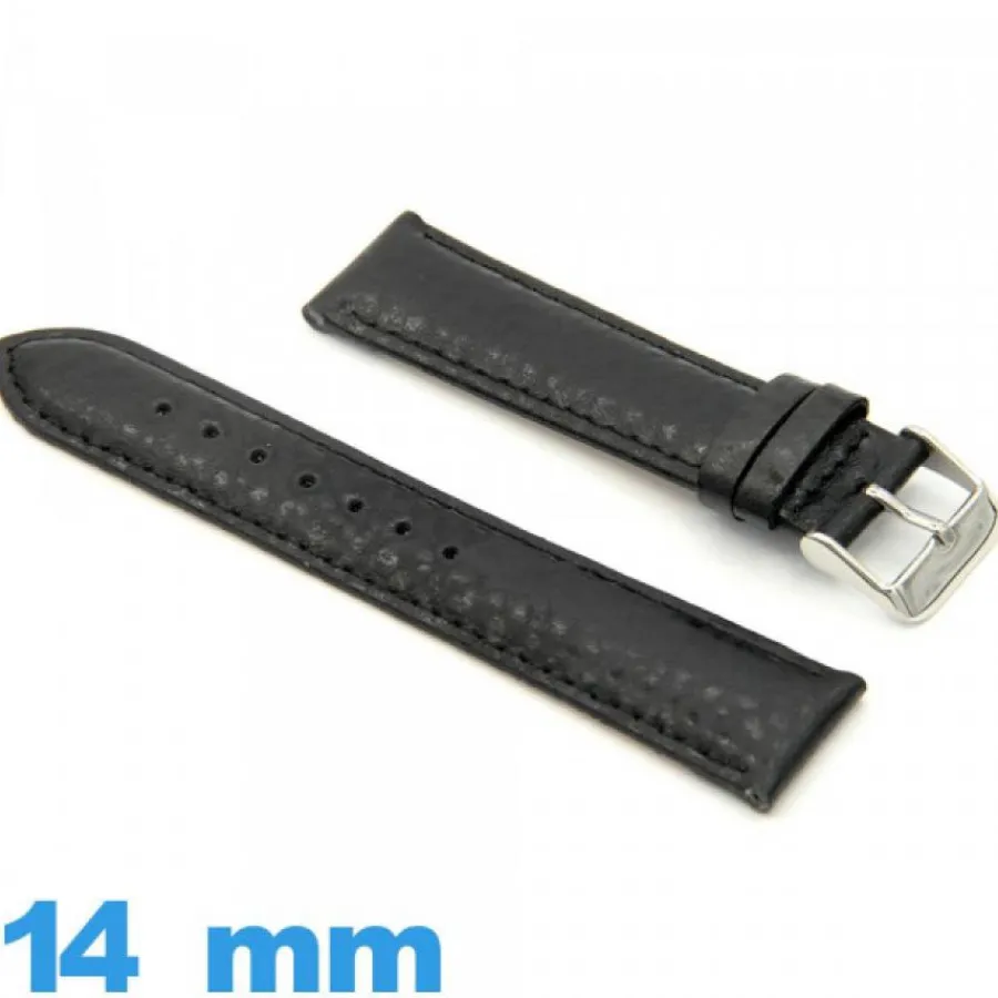 Bracelet Cuir Pour Montre-Bracelet cuir Grain Buffalo Noir de montre 14mm Rembourré