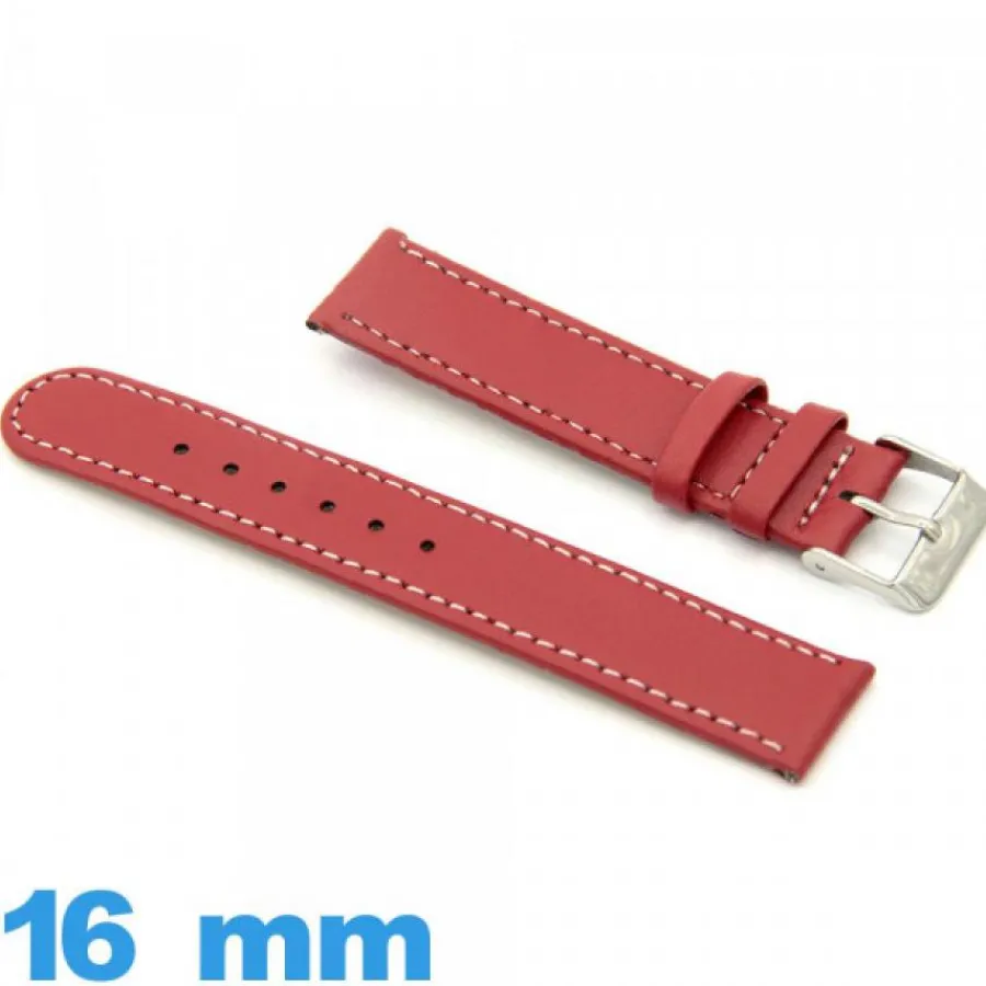 Bracelet Cuir Pour Montre-Bracelet cuir Rouge de montre 16 mm Plat Grain Lisse