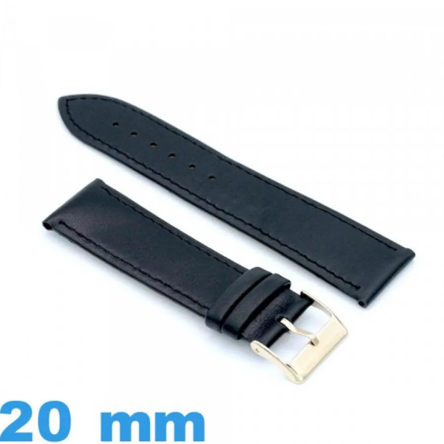Bracelet Cuir Pour Montre-Bracelet Cuir véritable de veau lisse  noir de montre 20 mm