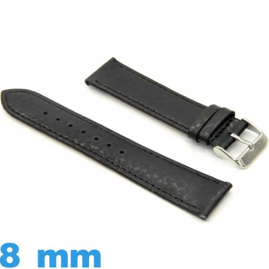 Bracelet Cuir Pour Montre-Bracelet cuir véritable Grain Buffalo Noir pour montre 8 mm Plat