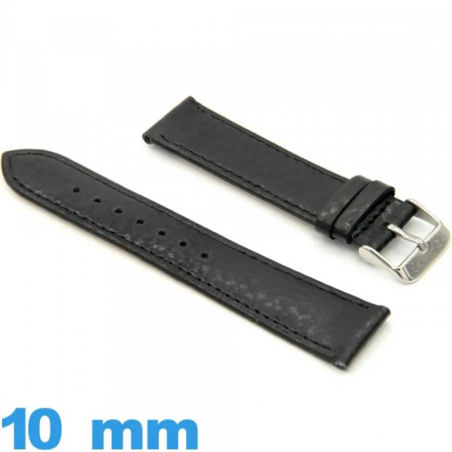 Bracelet Cuir Pour Montre-Bracelet cuir véritable Grain Buffalo Noir pour montre 10 mm Plat