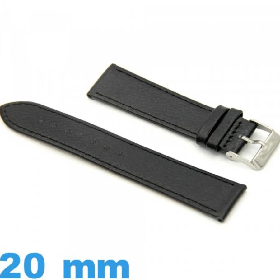 Bracelet Cuir Pour Montre-Bracelet de montre  20mm Noir cuir véritable Lisse