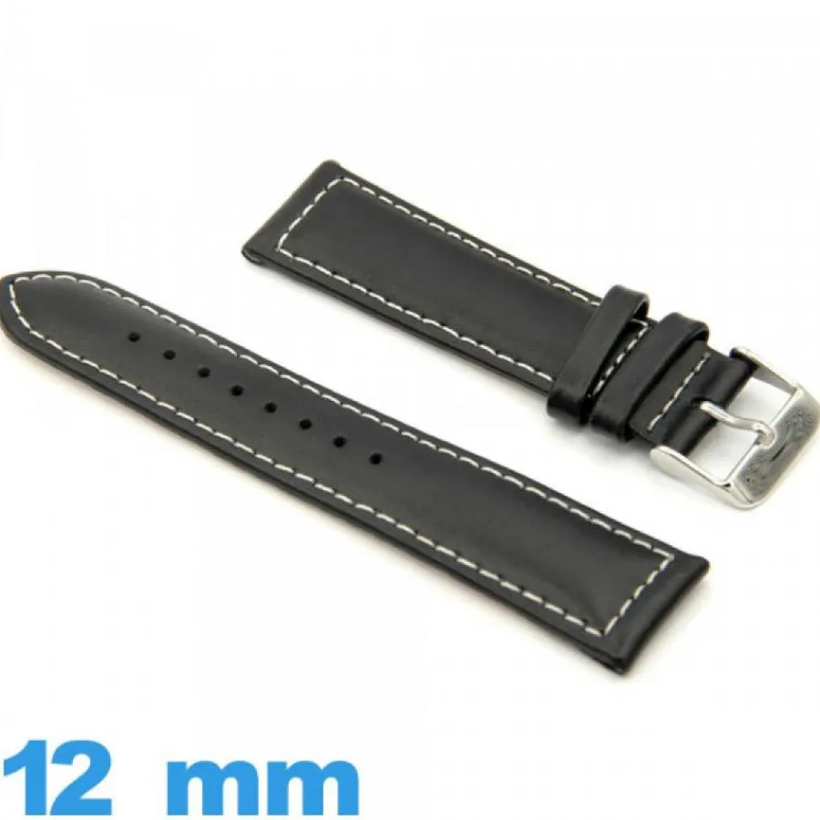 Bracelet Cuir Pour Montre-Bracelet de montre  Noir cuir véritable 12 mm Grain lisse
