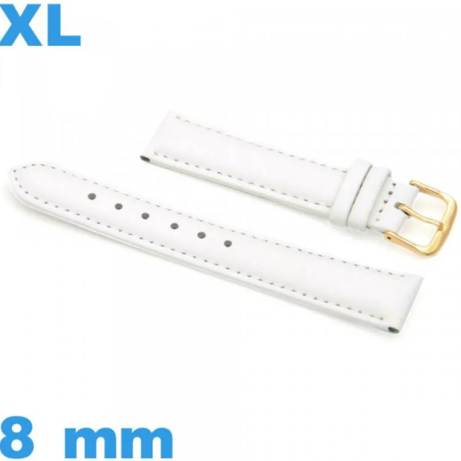 Bracelet Cuir Pour Montre-Bracelet de montre XL 8 mm blanc Cuir véritable de veau lisse  gros poignet
