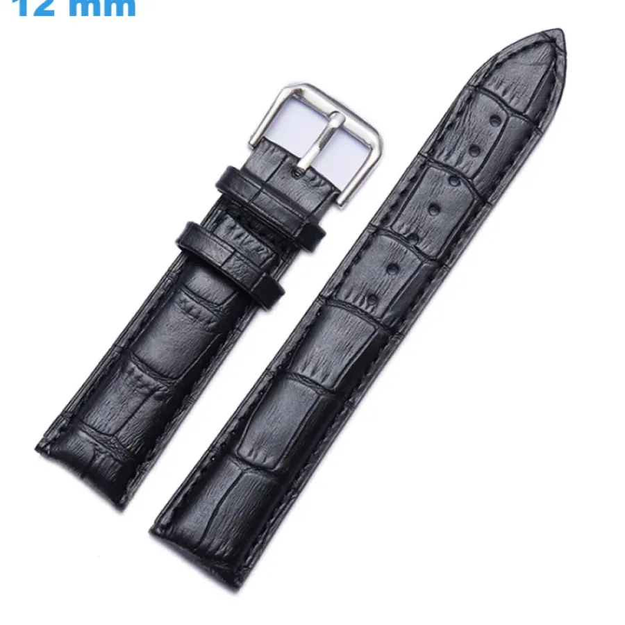 Bracelet Cuir Pour Montre-Bracelet fermoir Ardillon 12 mm Cuir véritable Noir montre