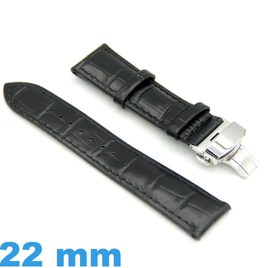 Bracelet Cuir Pour Montre-Bracelet 22mm de montre Noir Cuir boucle papillon