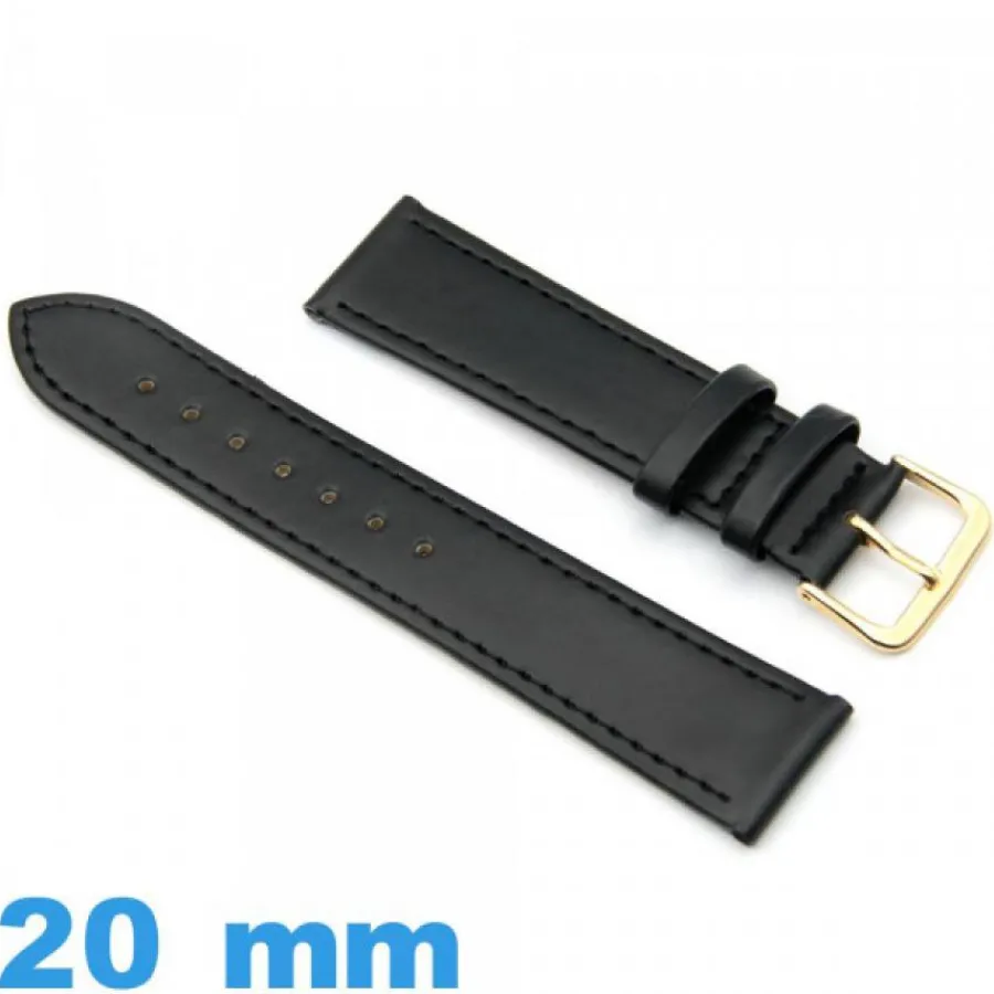 Bracelet Cuir Pour Montre-Bracelet montre Plat Noir Cuir de veau vegan/synthétique 20 mm Lisse