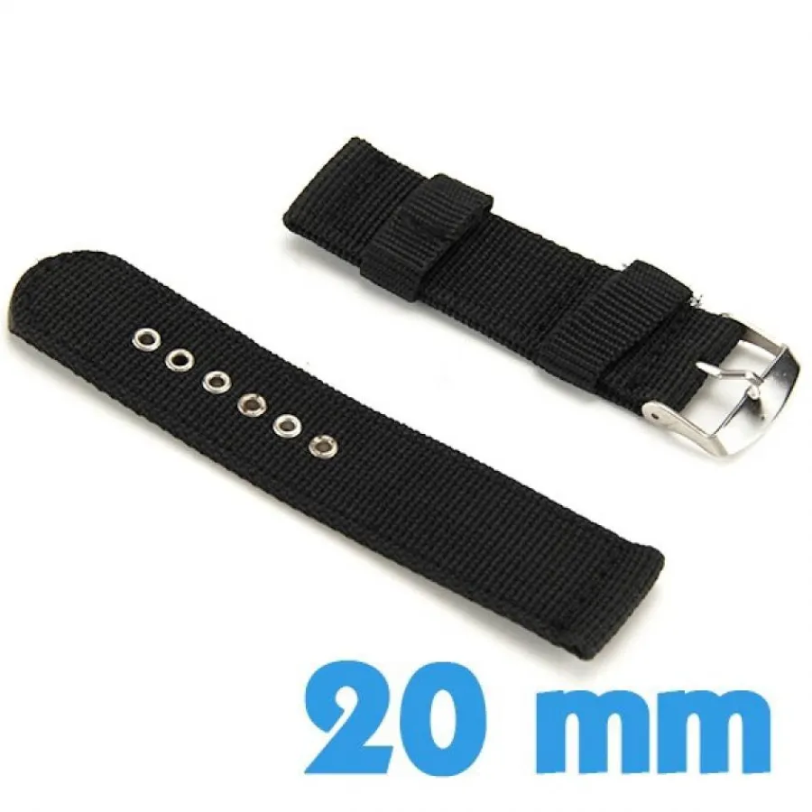 Bracelet Tissu-Bracelet Nylon 20 mm Noir de montre