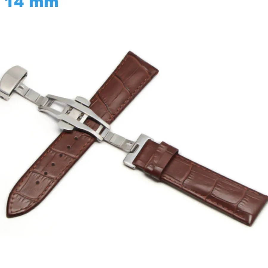 Bracelet Cuir Pour Montre-Bracelet Papillon Brun 14 mm Cuir véritable de montre