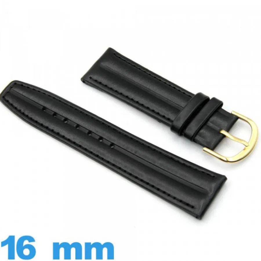 Bracelet Cuir Pour Montre-Bracelet pour montre Noir Cuir Synthétique Vegan lisse Côtelé 16mm