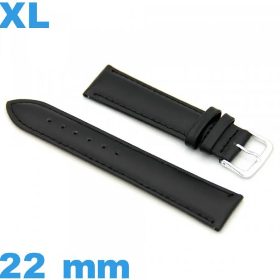 Bracelet Cuir Pour Montre-Bracelet pour montre noir grande longueur Cuir véritable de veau lisse  22 mm