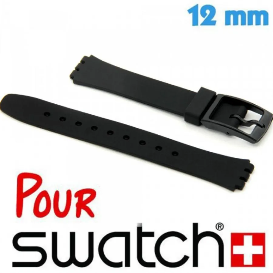 Bracelet Swatch|Bracelet Silicone-Bracelet pour Montre Swatch en Silicone lisse noir 12 mm