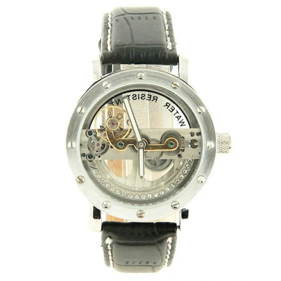 Montre Homme-Montre automatique cuir mécanique dorée argentée visible style hublot