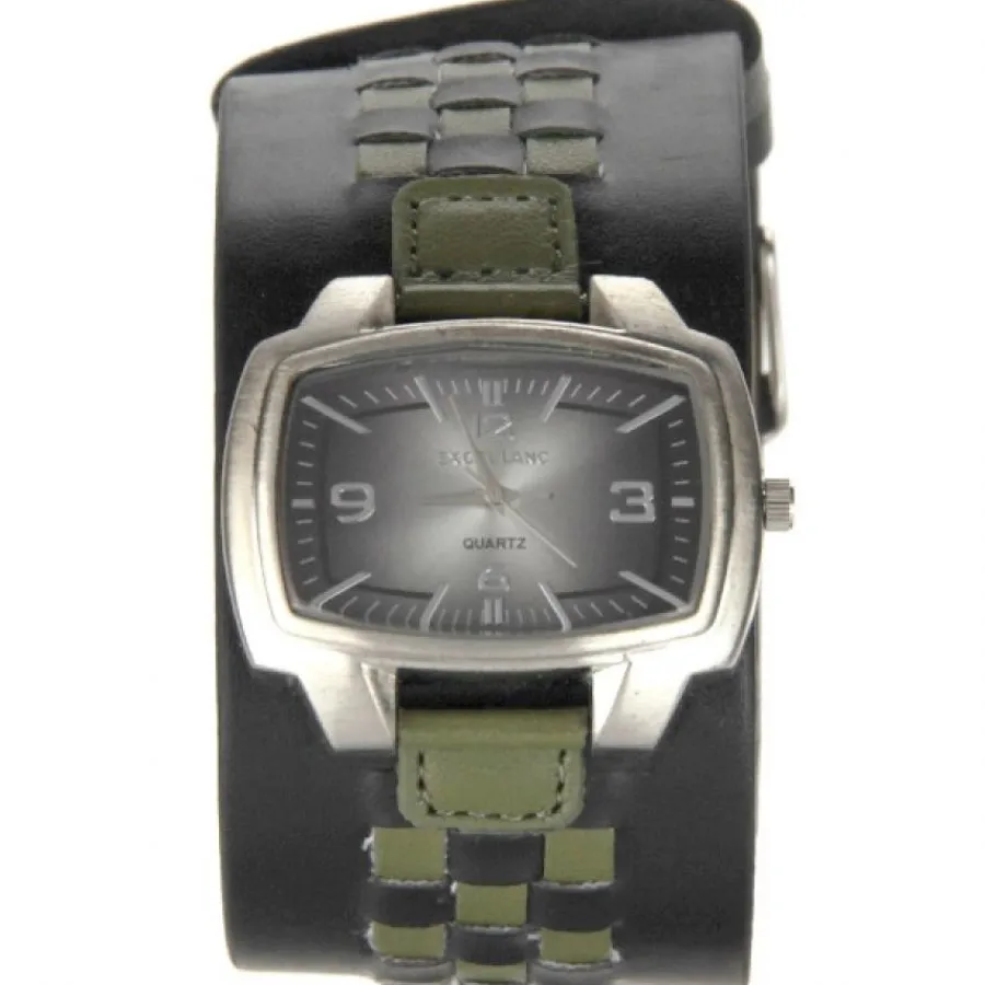Montre Homme|Montre Femme-Montre bracelet cuir large noir de marque Excellanc