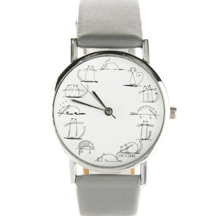 Montre Homme|Montre Femme-Montre femme pas chère gris simple avec chat