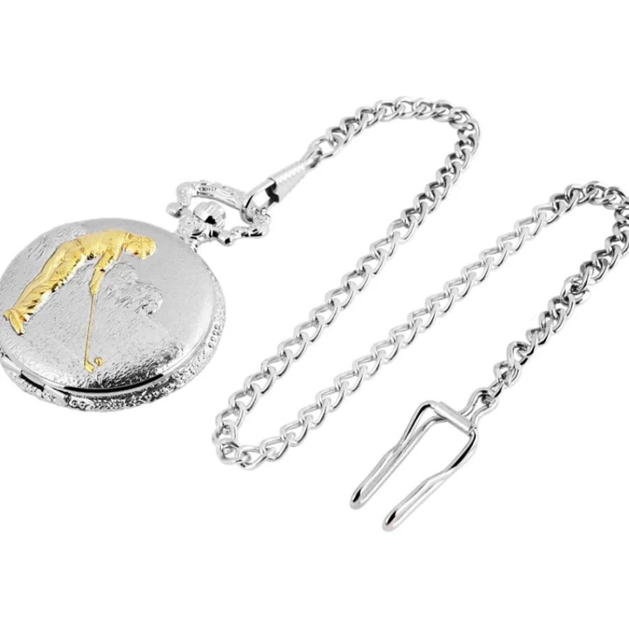 Montre Homme|Montre Femme-Montre Golfeur de Poche pas chère Argenté + Chaine